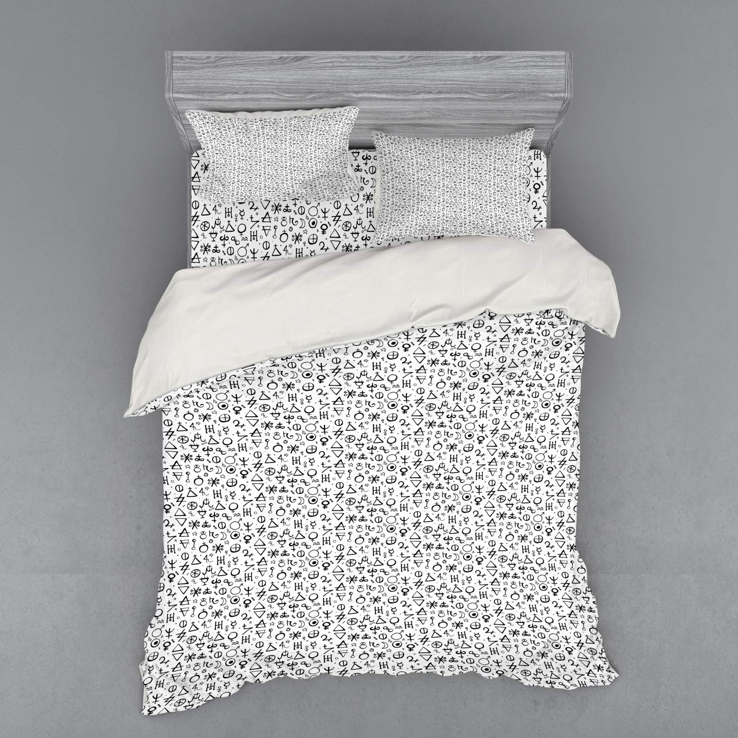 Ambesonne Astrology Bedding Set - Queen Size 3-Piece Duvet Cover with Sham & Fitted Sheet, Black & White Geometric Alchemy Pattern, Esoteric Design for Mystic Bedroom Decor | Perfect for Gothic, Celestial or Bohemian Style Bedrooms