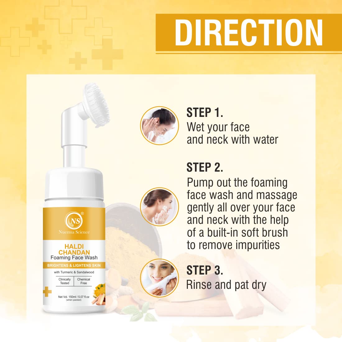 Nuerma Science Haldi Chandan Foaming Face Wash with Vitamin C - Skin Brightening, Dark Spot Corrector & Oil Control for Glowing Skin (150ml) | Daily Cleanser for Tanned & Dry Skin | Perfect for Morning & Night Skincare Routine