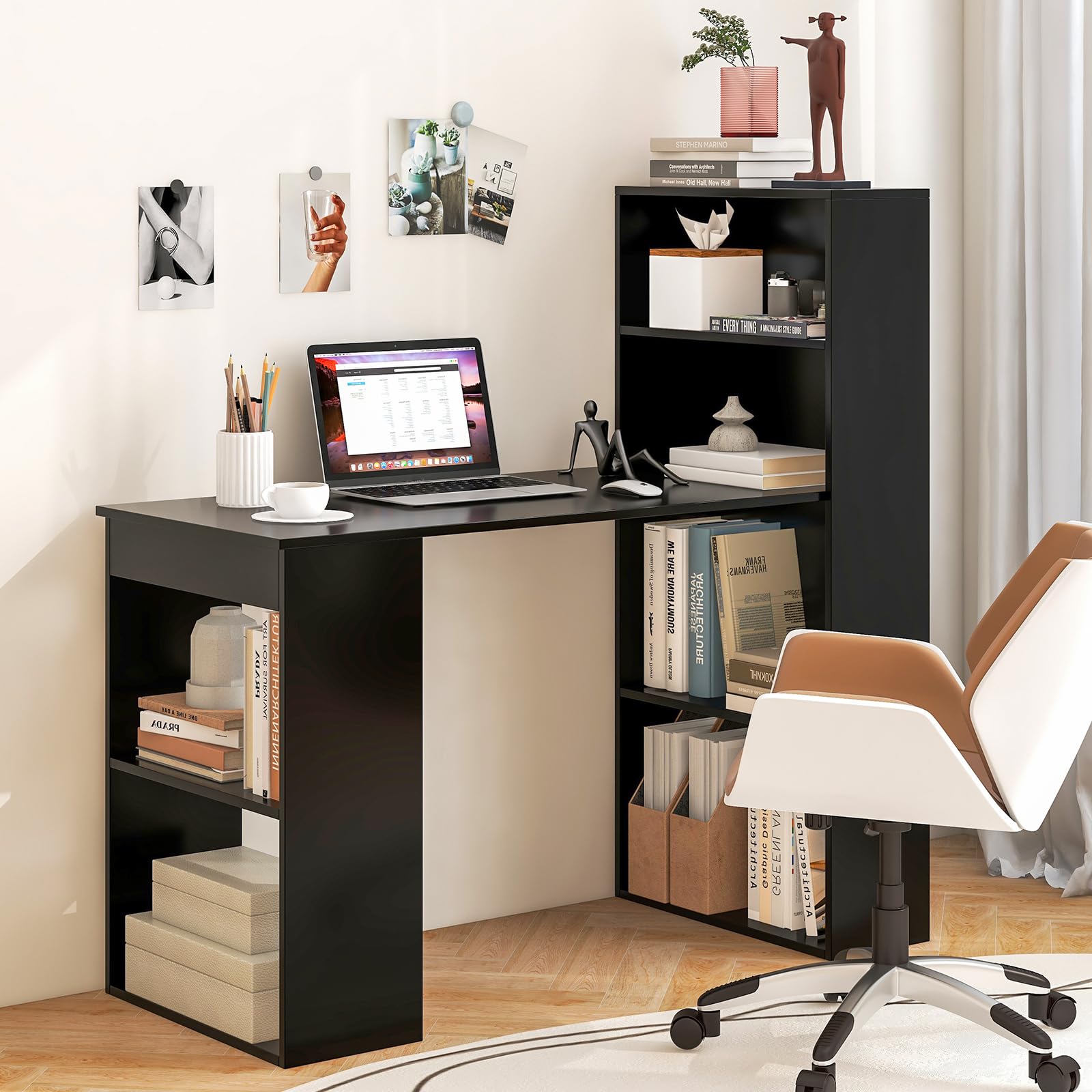 Tangkula Black Modern Computer Desk with Bookshelf - Compact Writing Study Desk with Storage Shelves & CPU Stand - Space-Saving Home Office Workstation for Small Spaces, Gaming & Remote Work