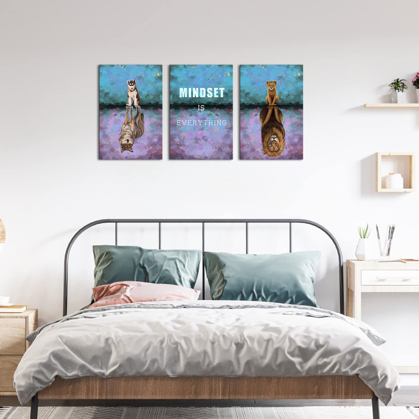 Motivational Quote Canvas Wall Art - 'Mindset is Everything' Lion Painting for Bedroom & Office (16''x24''x3pcs) - Inspirational Entrepreneur Office Decor, Framed Canvas Prints - Perfect for Home, Office & Workspace Motivation