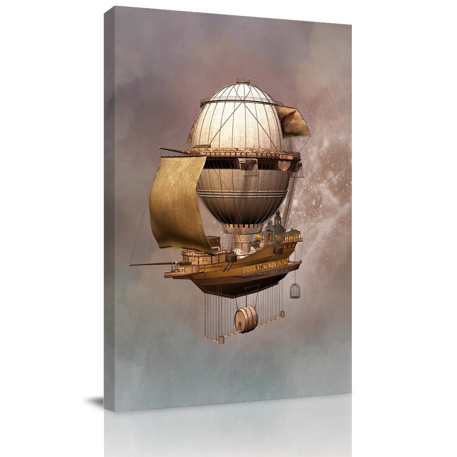 Steampunk Airship Framed Canvas Wall Art - 28x20 Inch Abstract Painting Print for Bedroom, Bathroom & Kitchen Decor | Ready to Hang, Unique Gift Idea | Perfect for Vintage & Industrial Style Home Decor