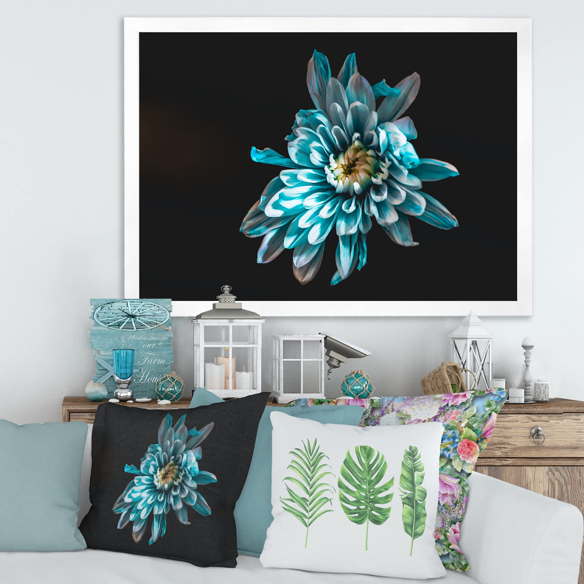 DesignQ Blue and White Floral Traditional Framed Wall Art - Elegant Home Decor for Living Room, Bedroom & Office