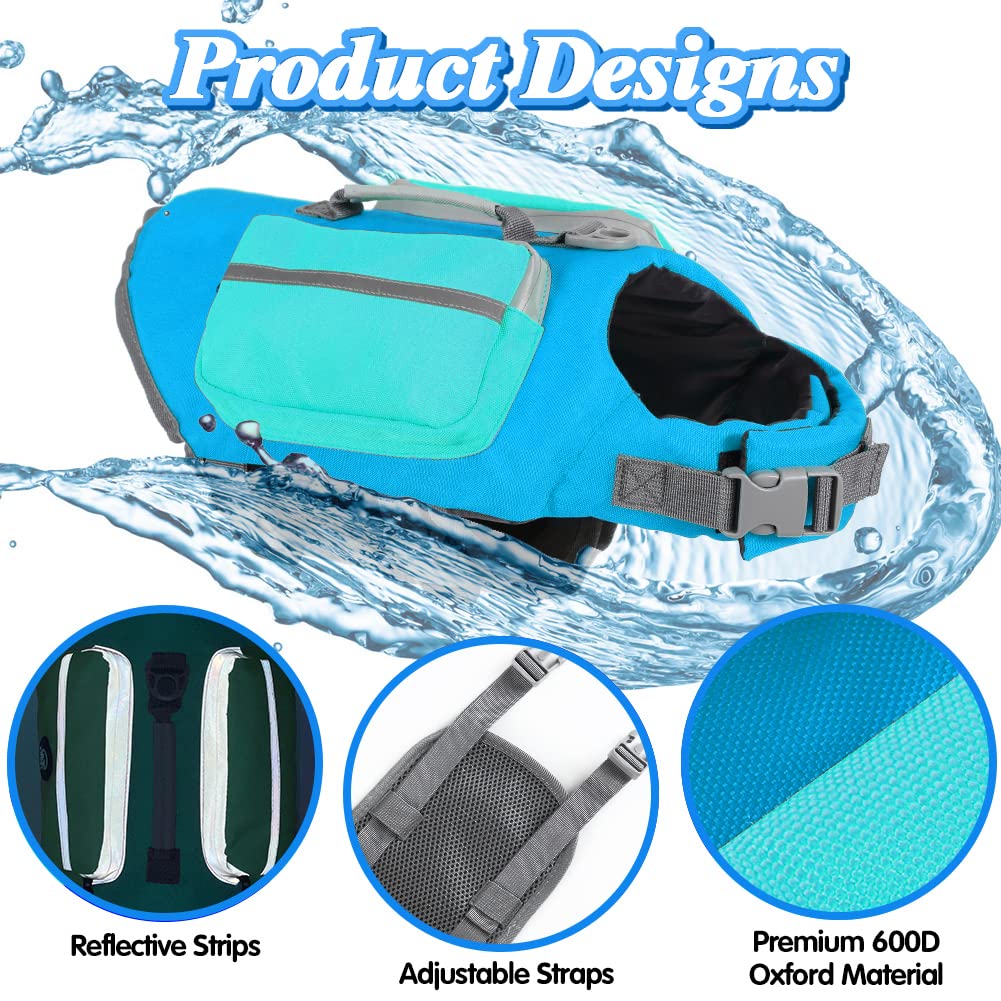 EMUST Dog Life Jacket for Small Medium Large Dogs - Adjustable Pet Life Vest with Rescue Handles & High Visibility Reflective Strips for Swimming, Boating & Water Safety (Blue) - Perfect for Pool, Beach & Outdoor Water Activities