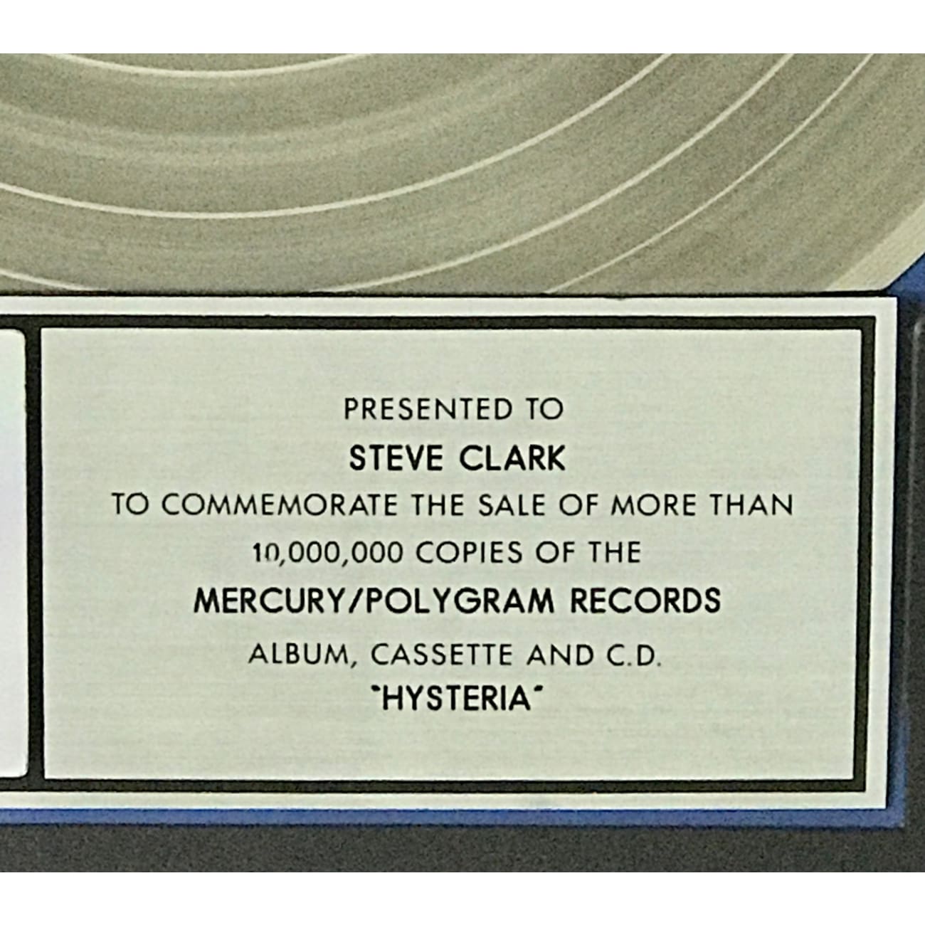 Def Leppard Hysteria RIAA 10x Multi Platinum LP Award - Rare Collectible Presented to Guitarist Steve Clark - Perfect for Music Memorabilia Displays & Rock Fan Collections
