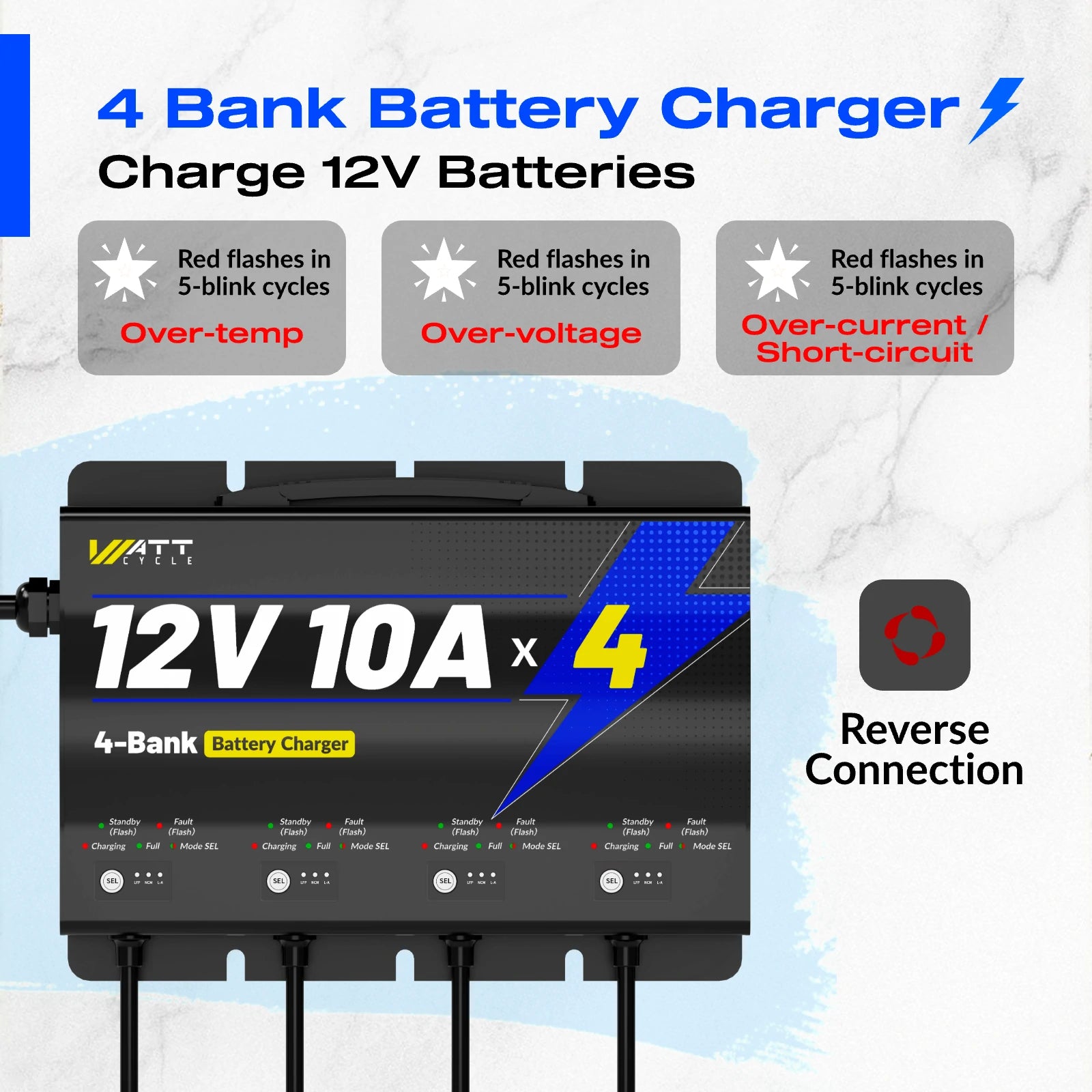 12V 10A 4 Bank Smart Battery Charger - Fast Charging for Marine, RV, ATV, and Car Batteries - Perfect for Boating, Camping, and Off-Road Adventures