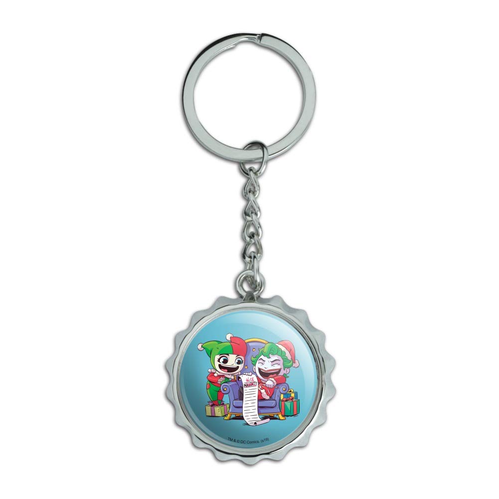 Harley Quinn & Joker Naughty List Keychain - Chrome Plated Metal Bottle Opener with Pop Cap - Perfect for Cosplay, Comic Con & Harley Quinn Fans Gift