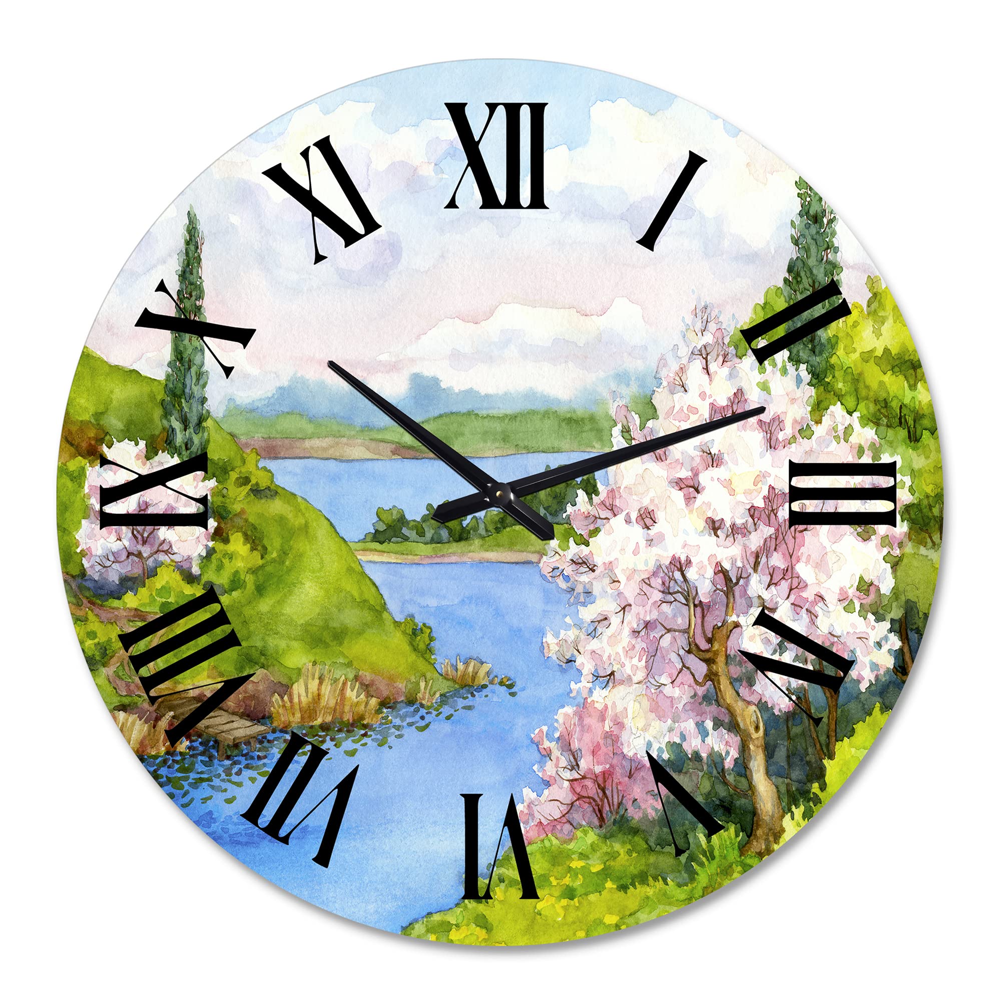 DesignQ Traditional Wall Clock 'Spring Landscape Under A Bright Blue Sky' - Large Nature-Themed Wall Clock for Kitchen, Living Room & Office Decor - Perfect for Home, Office & Gift Giving