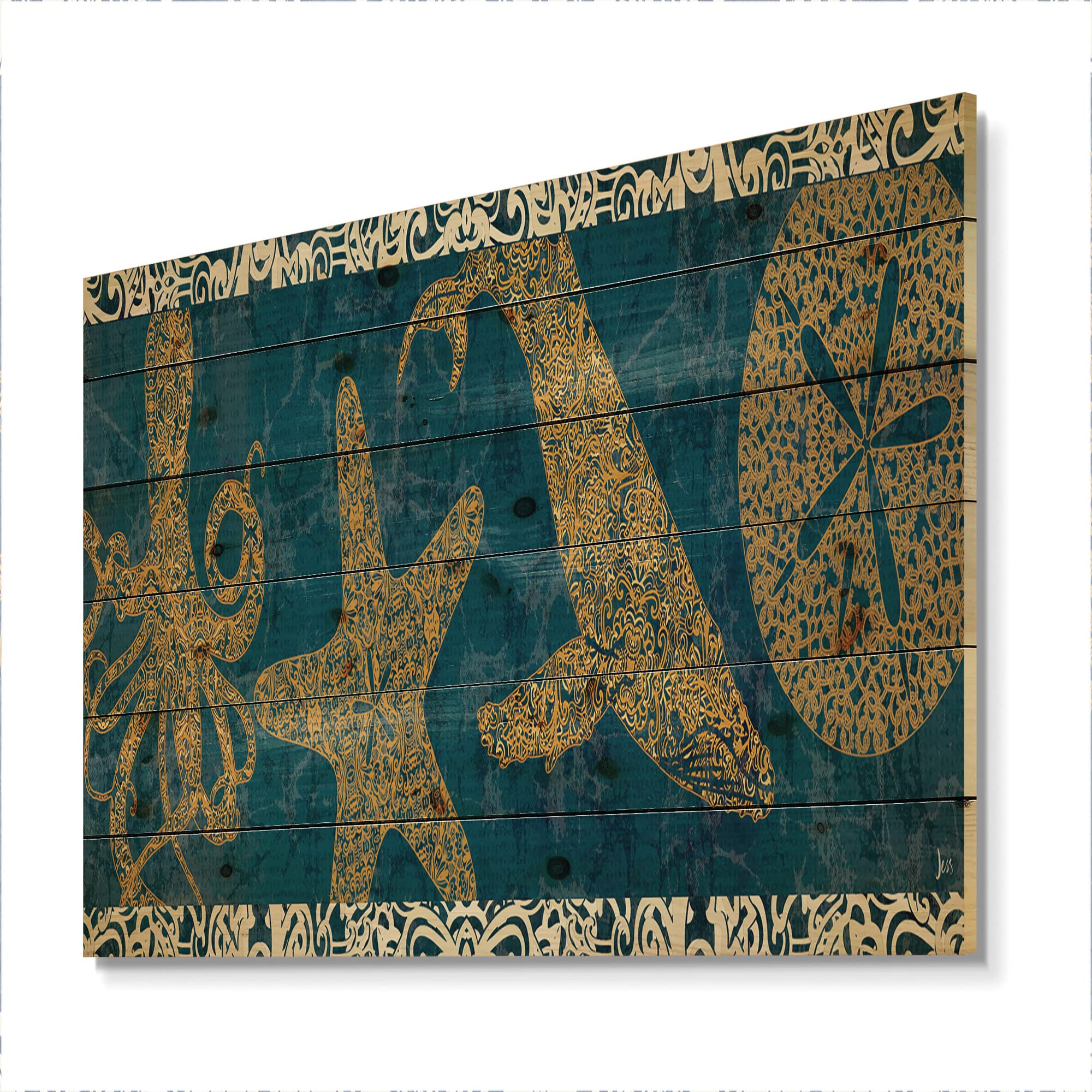 Coastal Sea Life Wood Wall Decor - Starfish & Octopus Nautical Art on Natural Pine Wood, Blue Ocean-Themed Wall Panels for Beach House, Living Room or Nursery Decor