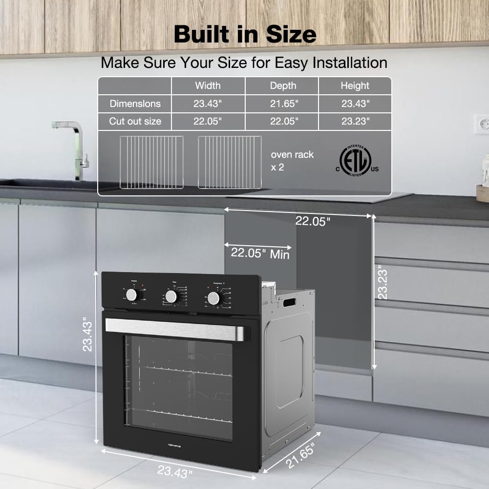 24 Inch Single Wall Oven - ETL Certified Built-in Electric Oven with 5 Cooking Functions, 2.79 Cu. Ft. Capacity, Mechanical Knob Controls & Black Tempered Glass Finish - Perfect for Modern Kitchens, Baking, Roasting and Family Cooking