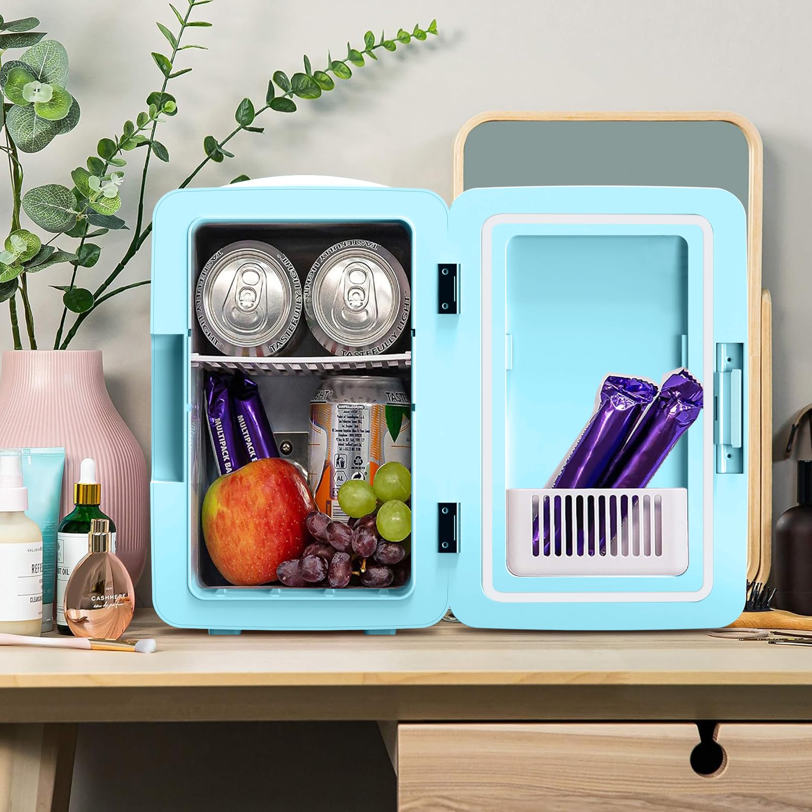 6.2L Mini Skincare Fridge with LED Mirror - Portable Cooler & Warmer for Makeup, Bedroom
