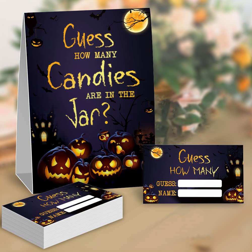 Halloween Guess How Many Candies Game Kit - 50 Fun Pumpkin Party Guessing Cards with Standing Sign - Perfect for Trick or Treat, Fall Festival Decorations & Spooky Party Activities