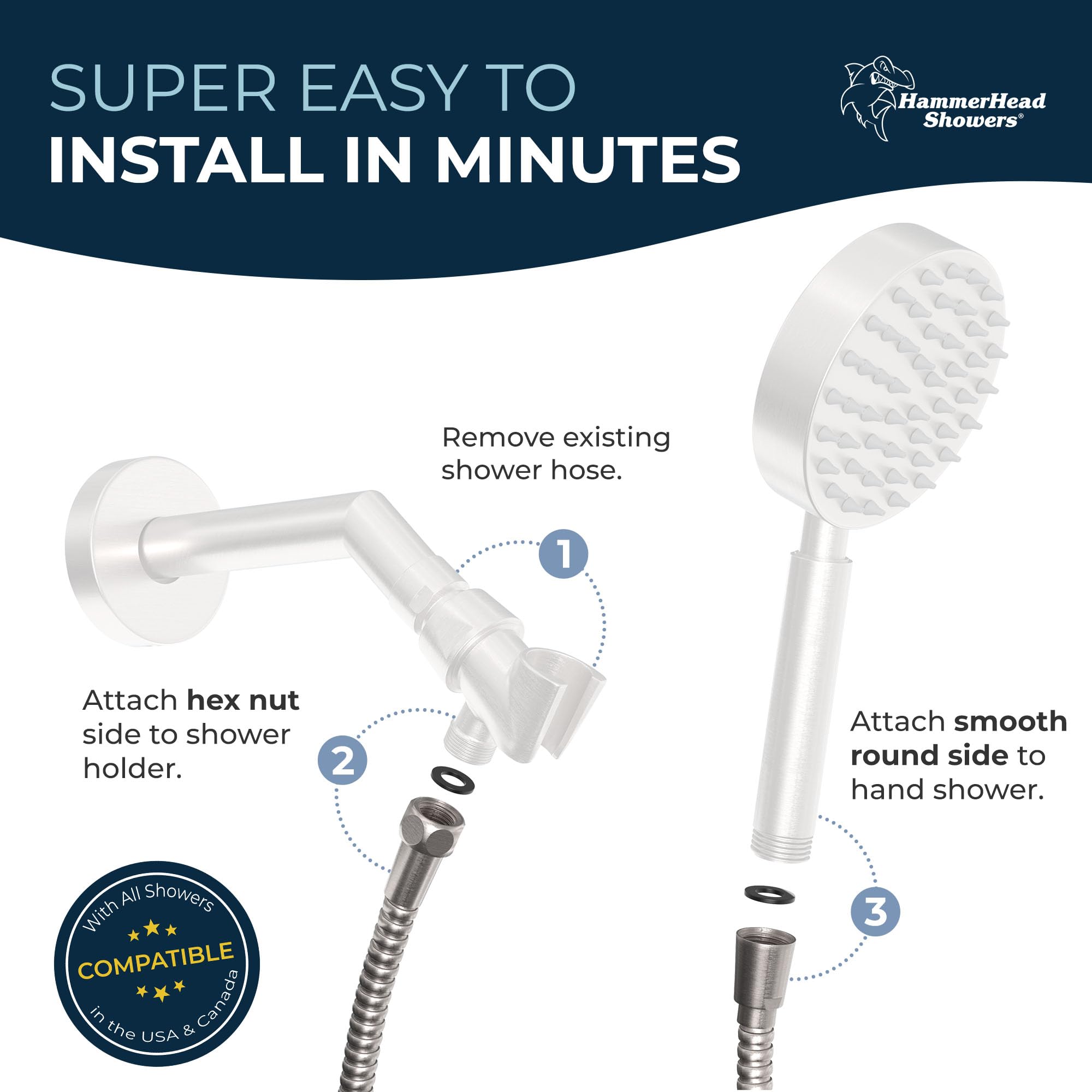 HammerHead 9ft Metal Shower Hose - Chrome for Handheld Shower Heads - Bathroom Upgrade