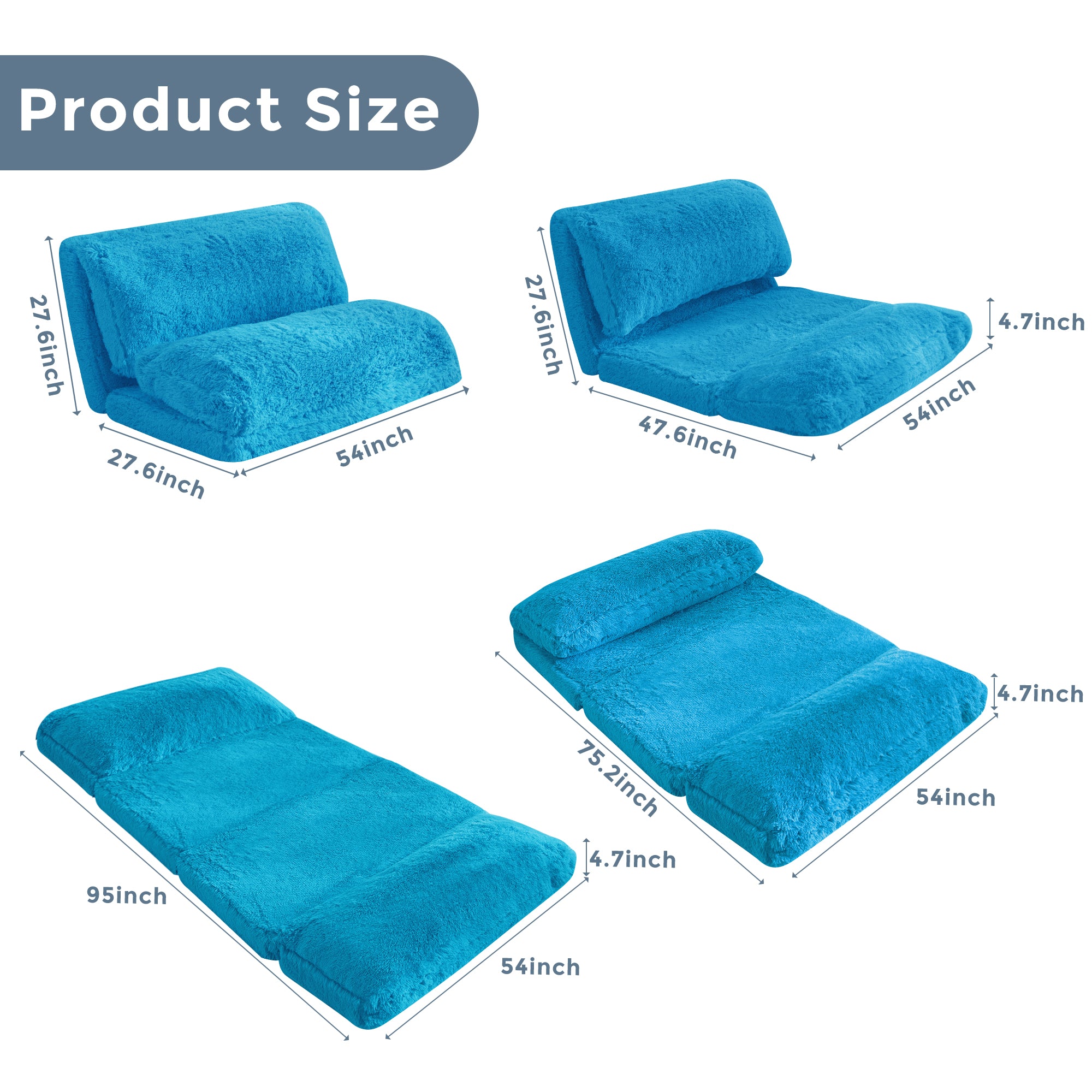 MAXYOYO Folding Bean Bag Sofa Bed - Soft Faux Fur Floor Couch with Foam Filling, Blue - Perfect for Living Room, Bedroom, Dorm & Small Space Relaxation