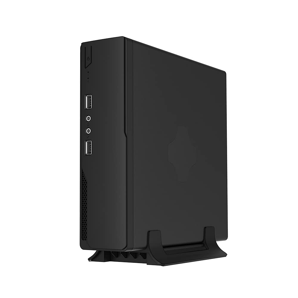Compact Thin Mini ITX Computer Case - HTPC Chassis for ASUS, Gigabyte, MSI, ASRock & OTAC 17x17cm ITX Motherboards - Includes Desktop Holder & VESA Mount (Black) - Perfect for Home Theater PCs, Office Workstations & Space-Saving Gaming Rigs