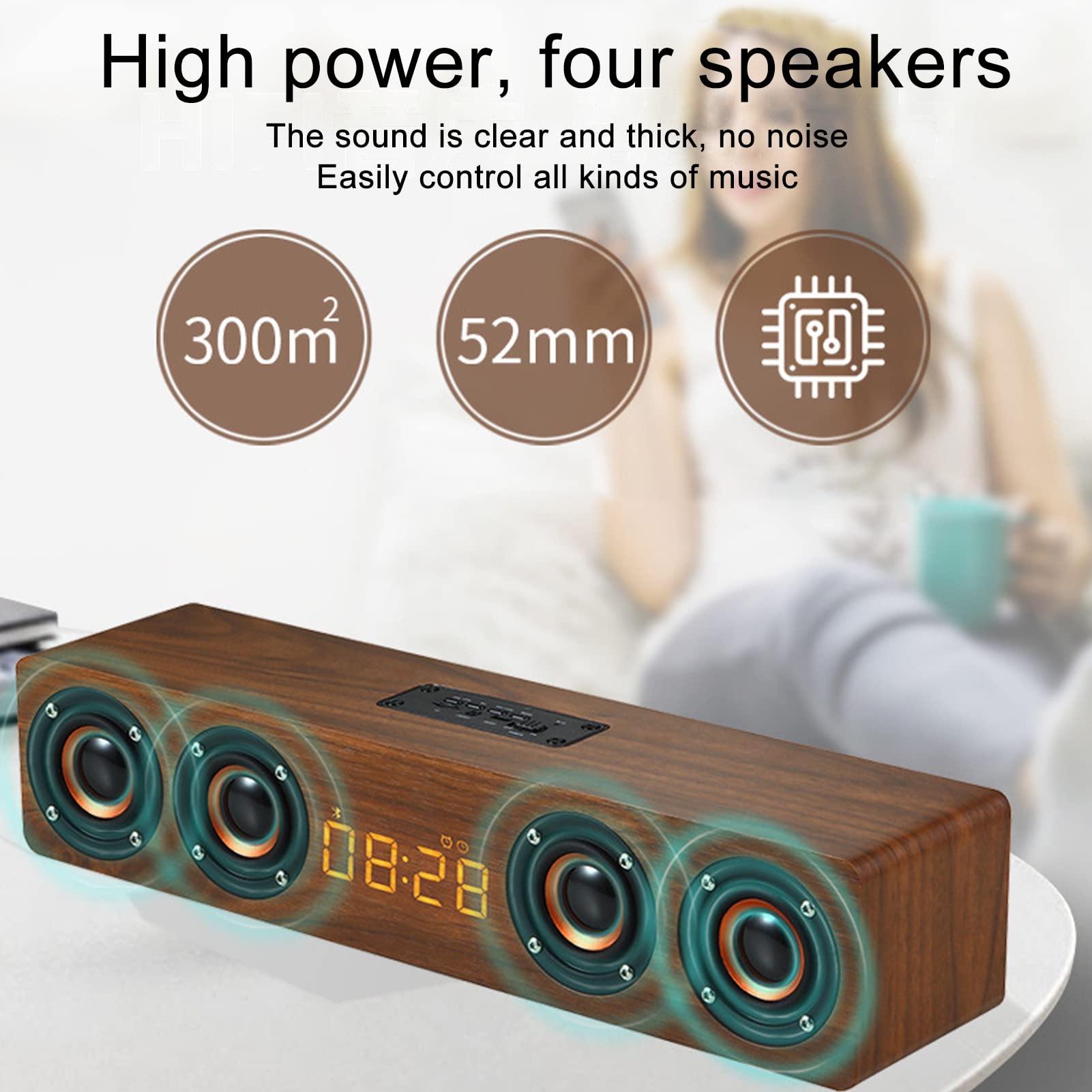 Retro Wooden Wireless Speaker with Subwoofer & Surround Sound - Hands-Free Calling, MDF Resonance Box, Home Music & Alarm Clock - Perfect for Living Room, Bedroom, and Office (Brown Wood Grain)