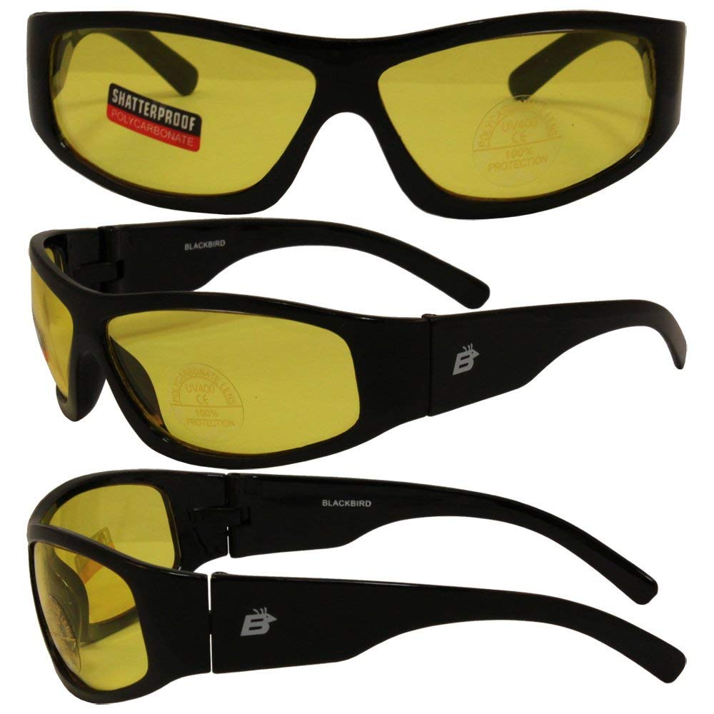 Blackbird Sport Motorcycle Riding Sunglasses - UV Protection, Anti-Glare, Lightweight Black Frame with Yellow Lenses for Men & Women - Perfect for Cycling, Motorcycling, and Outdoor Sports