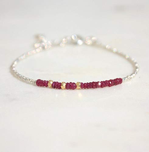 Precious-GEMS Sterling Silver Ruby Bracelet with 3 Gold Beads - Natural July Birthstone Jewelry for Women | Elegant Gift for Birthday, Anniversary & Special Occasions