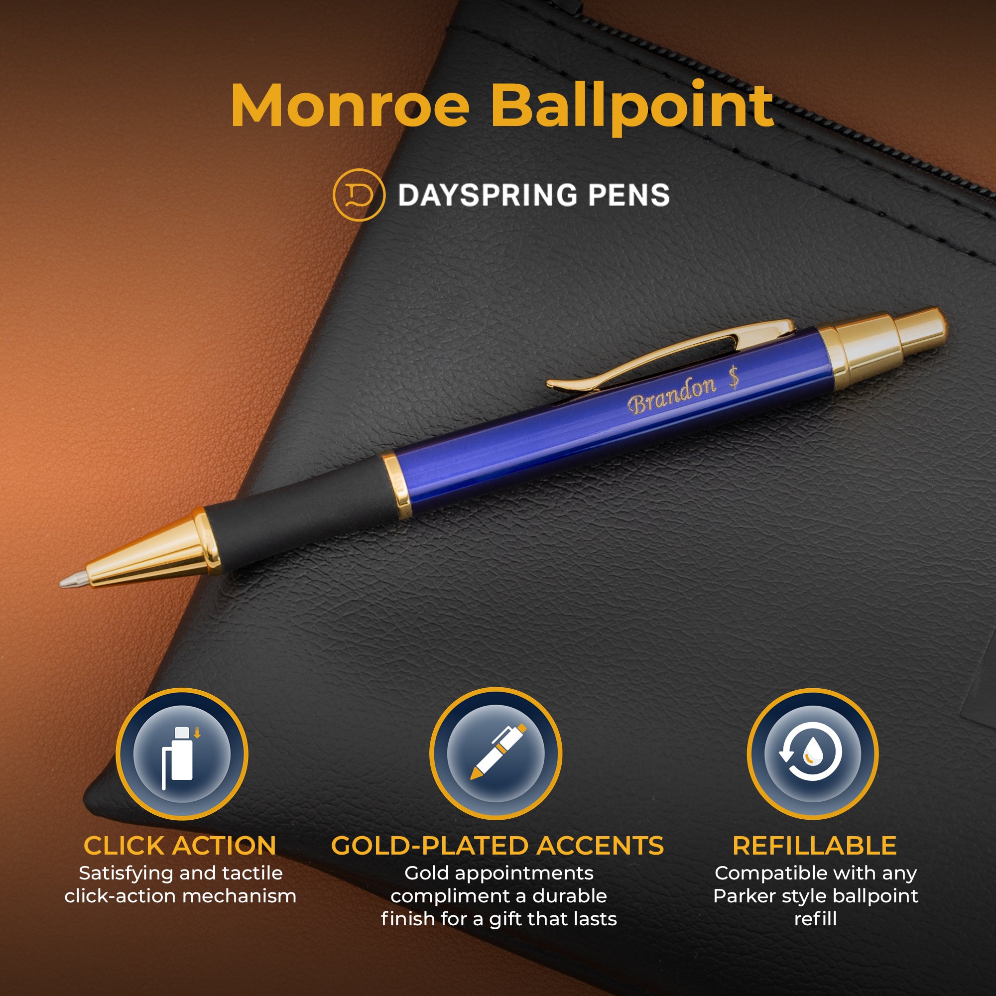 Dayspring Monroe Blue Ballpoint Pen - Premium Smooth Writing Pen for Office, School & Business Use - Elegant Gift for Professionals & Students
