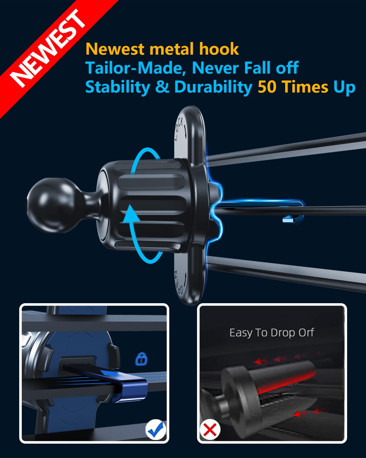 Military Grade Car Phone Mount - Dashboard, Windshield & Vent Phone Holder with Strong Suction & Metal Hook - Hands-Free Stand for iPhone & Smartphones - Perfect for GPS Navigation, Driving & Commuting