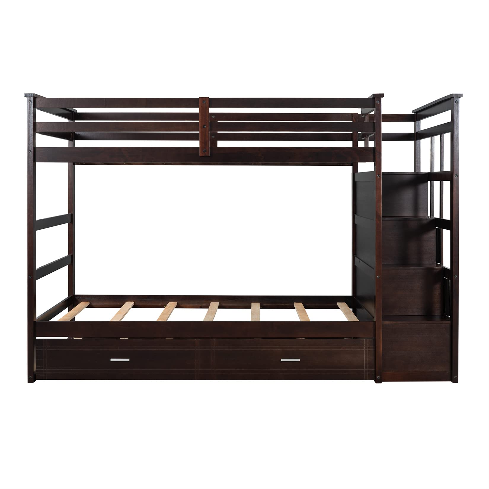 Twin Over Twin Bunk Beds with Trundle & Stairs - Wooden Storage Bunk Bed Frame with 4 Drawers for Kids, Boys, Girls & Teens - Espresso Finish - Perfect for Small Bedrooms, Guest Rooms & Vacation Homes