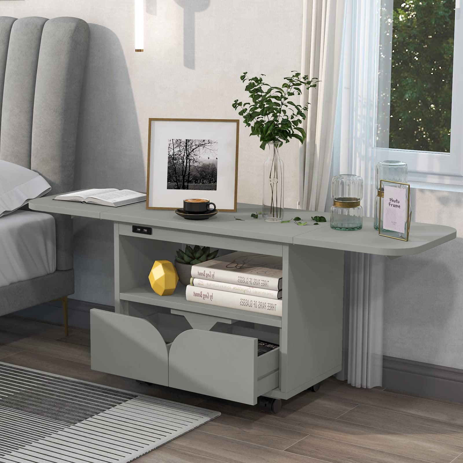 Foldable Nightstand with 2 Drawers & USB Charging Ports - Modern Bedside Table for Small Spaces, Perfect for Apartments, Dorms & RV Living