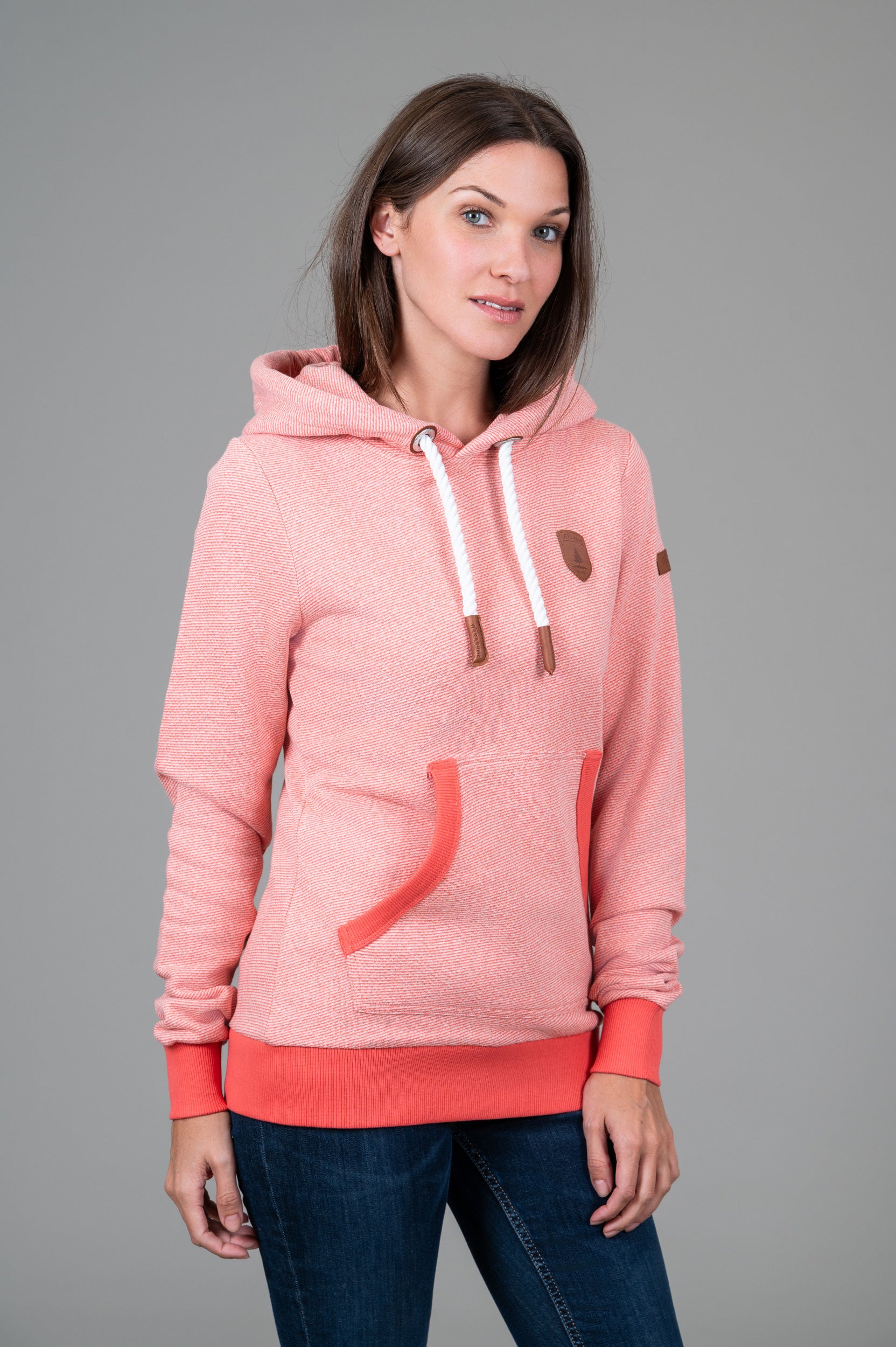 Corrie Coral Pink Microstripe Hoodie for Women - Soft Fleece Pullover with Kangaroo Pocket - Cozy Casual Loungewear for Fall & Winter