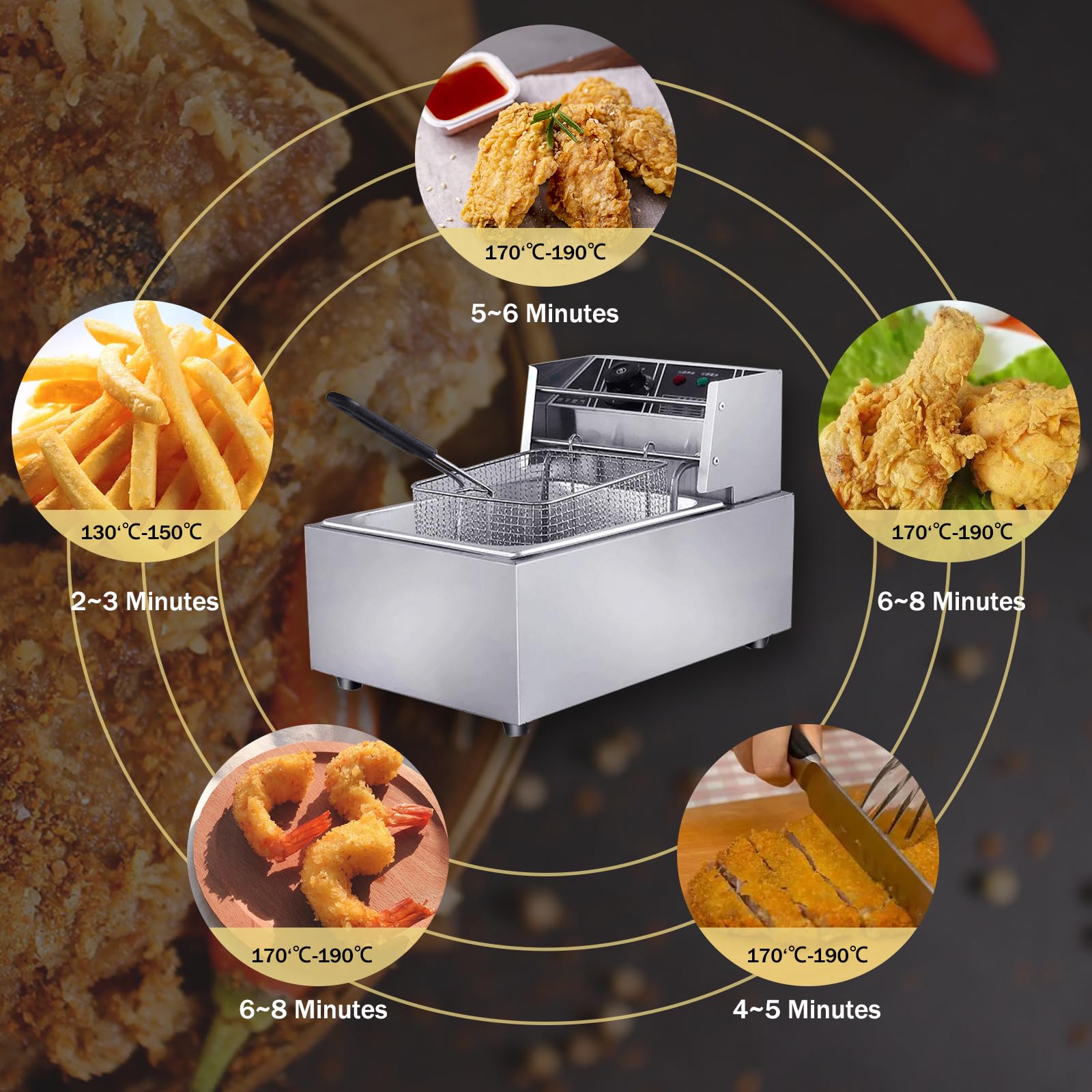 6.3QT/6L Commercial Electric Deep Fryer - Stainless Steel Professional Frying Machine with Triple Basket & Timer for Restaurants, Fast Food Shops, and Home Kitchen - Perfect for French Fries, Chicken Wings, and Donuts