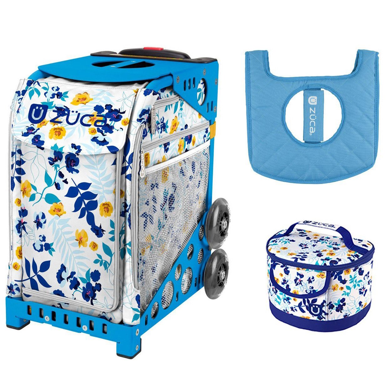 ZUCA Sport Bag - Boho Floral Gym Bag with Removable Seat Cover & Free Lunchbox (Blue Frame) - Perfect for Yoga, Dance Class & Travel Accessories