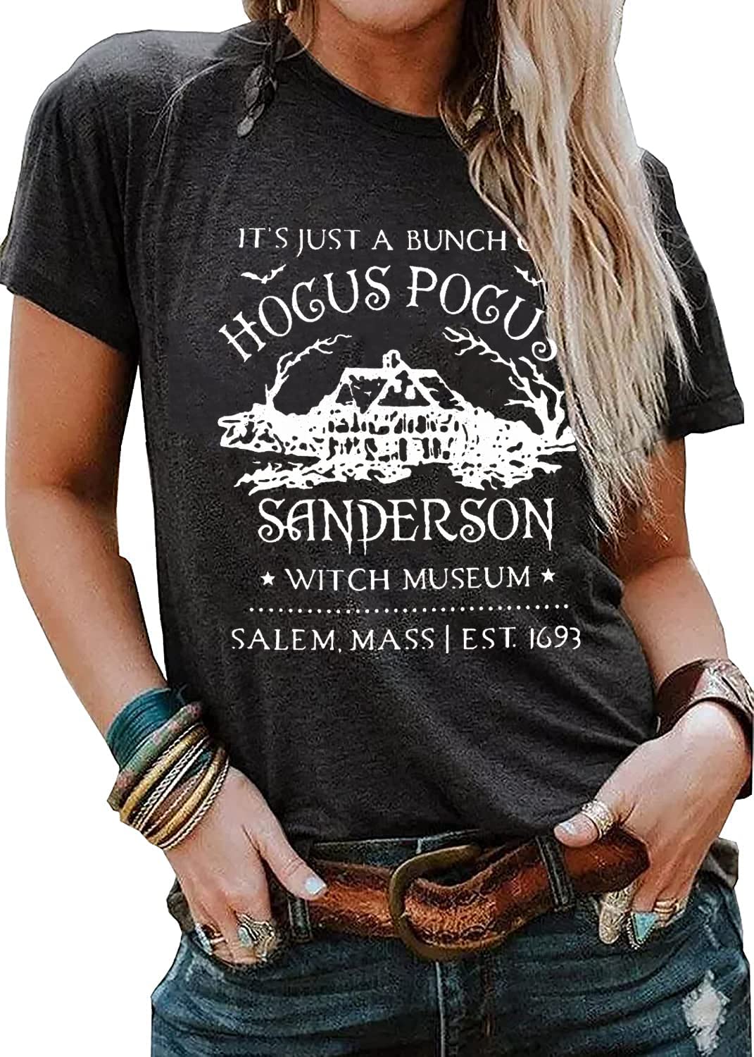 Halloween T-Shirts for Women - Sanderson Witch Museum Graphic Tee | It's Just A Bunch of Hocus Pocus T-Shirt | Cute Halloween Costume & Casual Wear