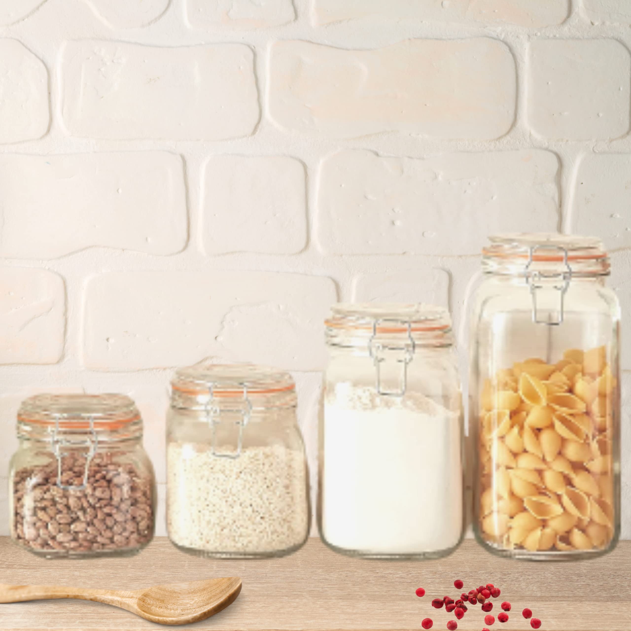 OGGI 4-Piece Airtight Glass Food Storage Containers Set with Clamp Lids & Silicone Seals - Farmhouse Style Kitchen Canisters for Pantry Organization, Flour, Sugar, Coffee, Tea Storage - Perfect for Home Baking & Meal Prep