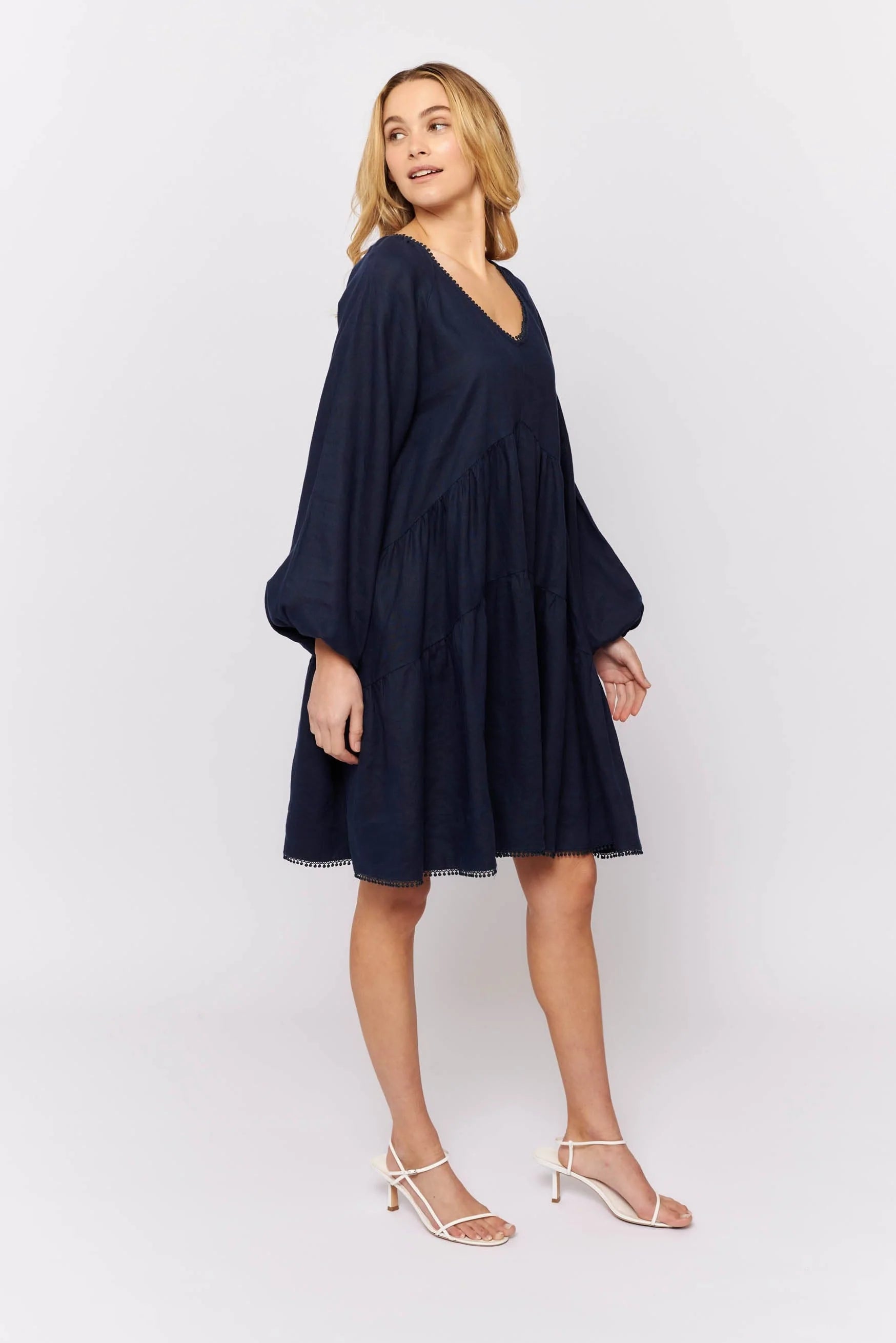 Elegant Baroque Dress in Coastal Navy Linen - Vintage Inspired Formal Gown for Weddings, Parties & Special Occasions