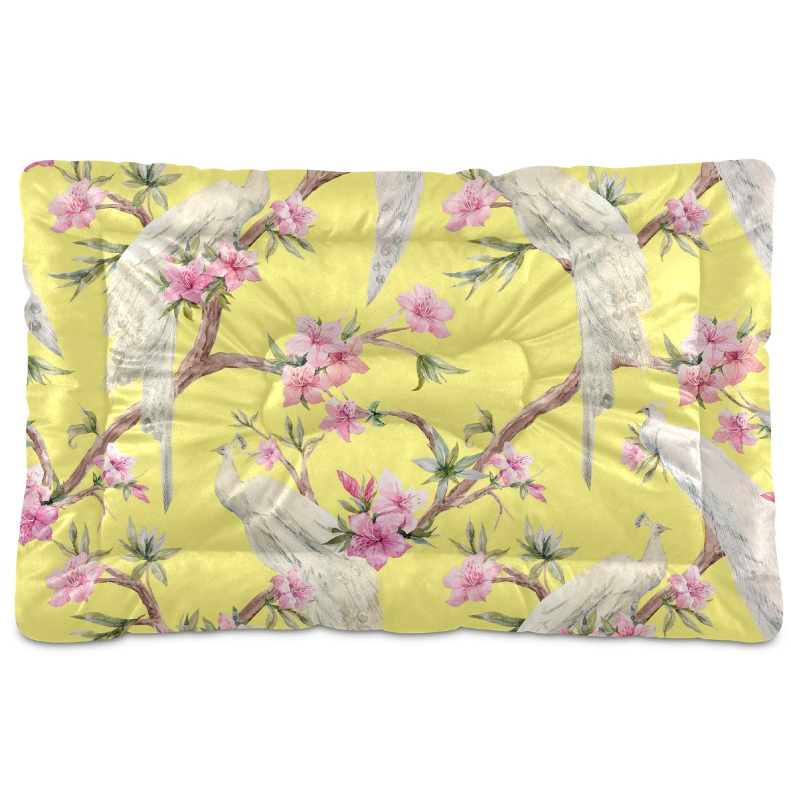 Premium Washable Dog Bed Mat - 36x24 Inches Soft Crate Pad for Large, Medium & Small Dogs - White Peacock Floral Design - Perfect for Crates, Kennels & Home Use