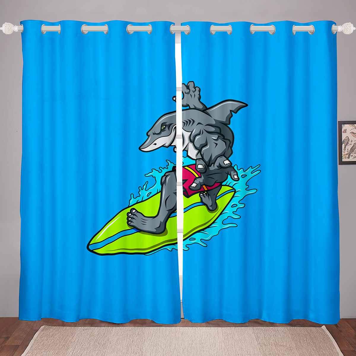 Shark Curtains for Kids - Cartoon Surfing Shark Window Drapes in Ocean Marine Theme (52x90 Inches, 2 Panels) | Boys & Girls Bedroom Decor, Living Room, Home Decor | Perfect for Beach-Themed Rooms & Underwater Adventure Nursery
