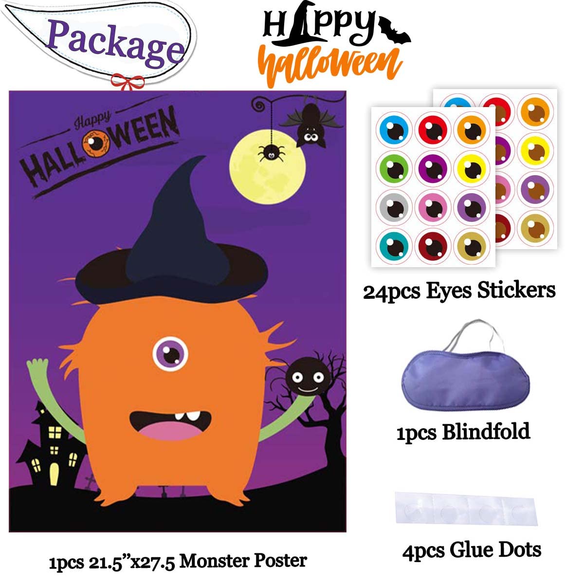Funnlot Halloween Pin The Eye on The Monster Game - Fun Halloween Party Games for Kids & Family, Halloween Activities for Kids Party, Classroom & Trick or Treat Events