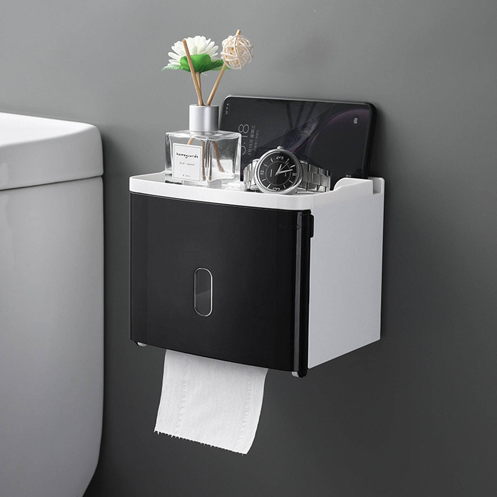 Wall Mounted Toilet Paper Holder - Thickened ABS Bathroom Tissue Storage Box with Rustproof Design (Black) | Space-Saving Solution for Small Bathrooms & Powder Rooms