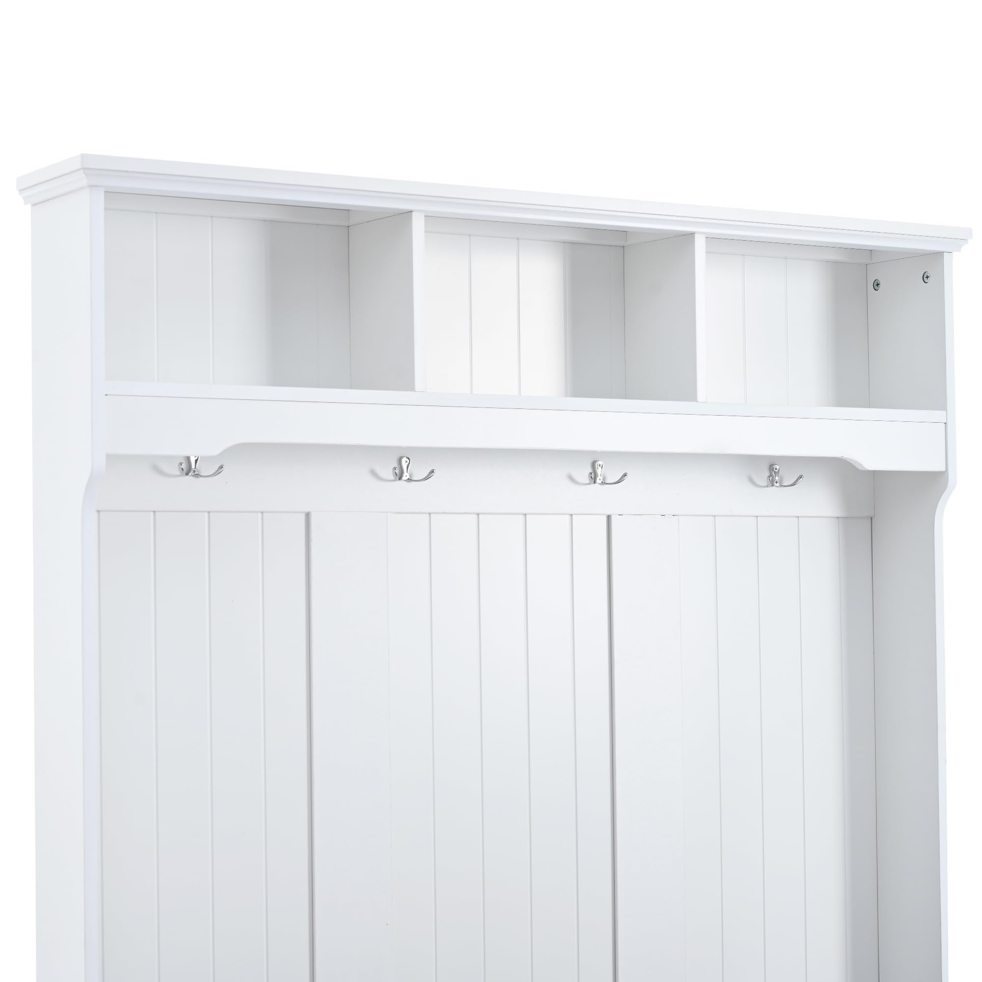 P PURLOVE Hall Tree with Bench & Shoe Storage - Entryway Organizer with 4 Hooks, Open Shelf & Shutter Doors - Coat Rack & Mudroom Furniture for Hallway, Foyer & Home Entry (Perfect for Small Spaces & Apartment Living)