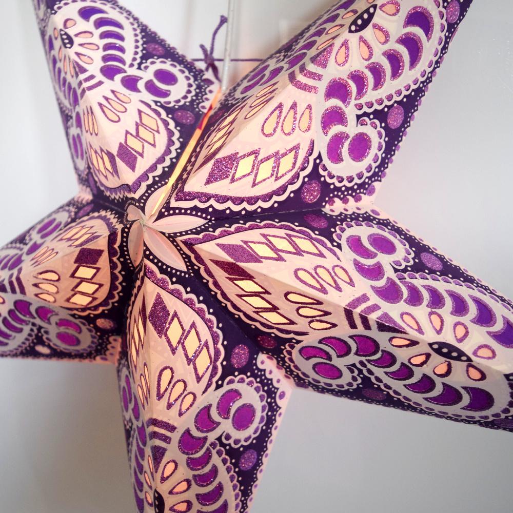 24-Pack Purple Pink Peacock Glitter Paper Star Lanterns for Party Decorations - Hanging Wedding, Birthday, Festival, Baby Shower & Home Decoration Lights