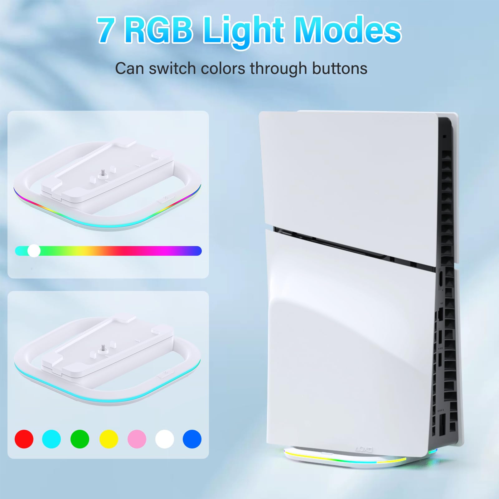 PS5/PS5 Slim Vertical Stand with 7 RGB Modes - Stable Holder for Disc & Digital Consoles - Includes Screw & USB-C Cable - Perfect for Gaming Setup & Display