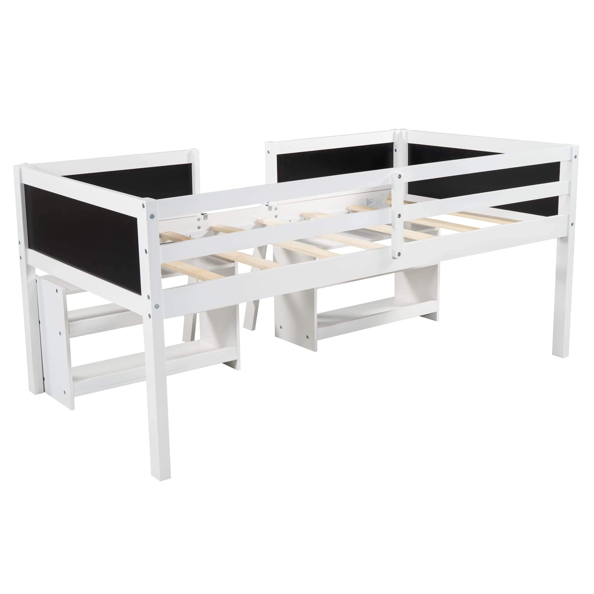 Twin Size Loft Bed with 2 Movable Shelves & Ladder - Wooden Low Frame Kids Bed with Decorative Guardrail & Chalkboard - No Box Spring Needed - White (78.3