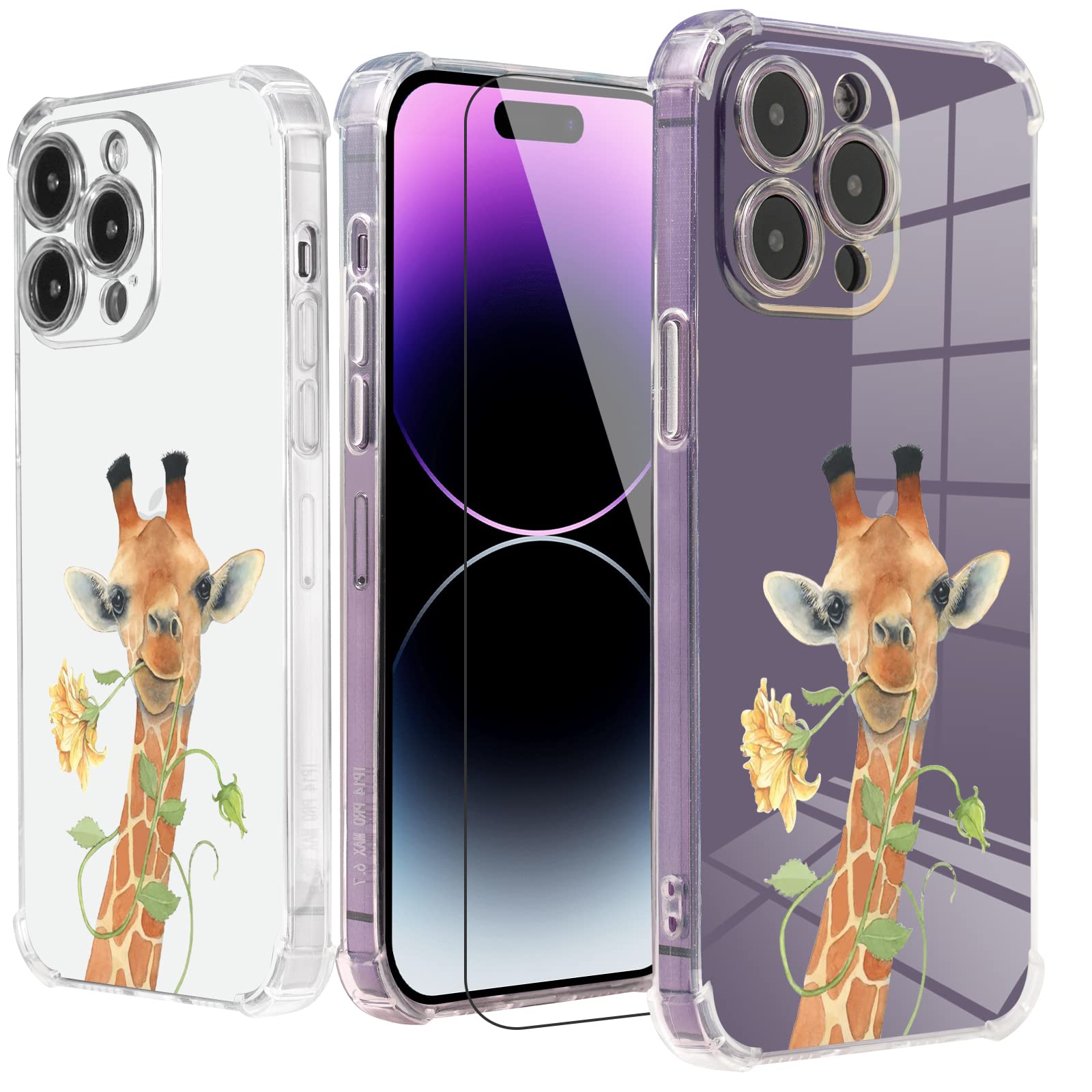 Giraffe Floral Design iPhone 12 Pro Max Case with Screen Protector – Soft TPU Shockproof Cover [6.6ft Drop Protection] for 6.7