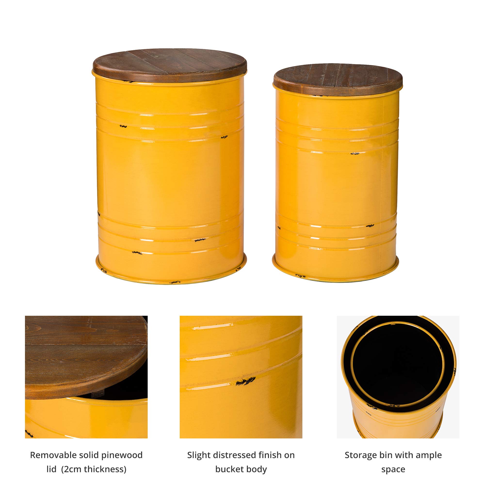 Glitzhome 2-Piece Farmhouse Nesting Tables with Storage Lids - Rustic Metal Barrel Side End Tables for Living Room, Bedroom, Office - Yellow Accent Stools | Perfect for Small Spaces, Coffee Table Alternatives & Home Decor