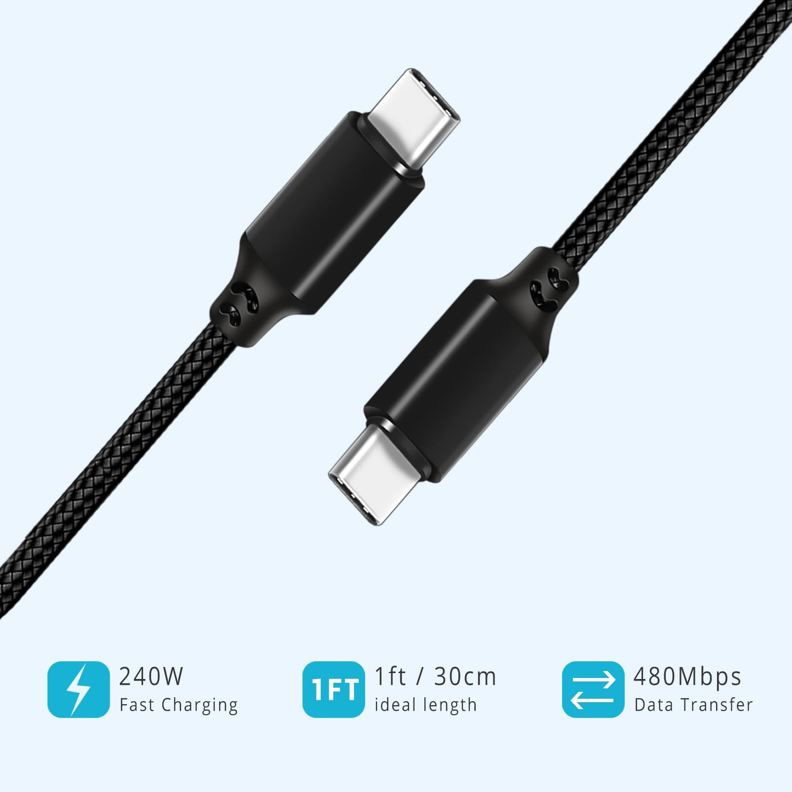 240W USB C to USB C Cable 1FT Short Fast Charging Cord - Compatible with iPhone 15 Pro/15 Plus/15 Pro Max, MacBook Pro/Air, iPad Pro/Air, Dell XPS - Perfect for Home, Office & Travel Charging