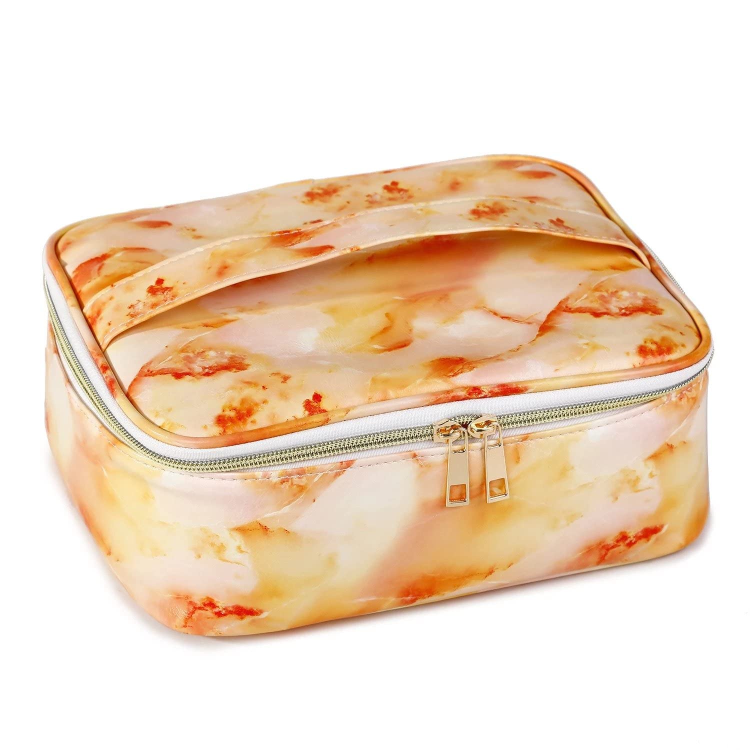 Favria Portable Travel Makeup Bag Organizer for Women - Waterproof Cosmetic & Toiletry Storage Case with Dividers, Orange Yellow Marble Design | Perfect for Travel, Gym, and Daily Beauty Essentials