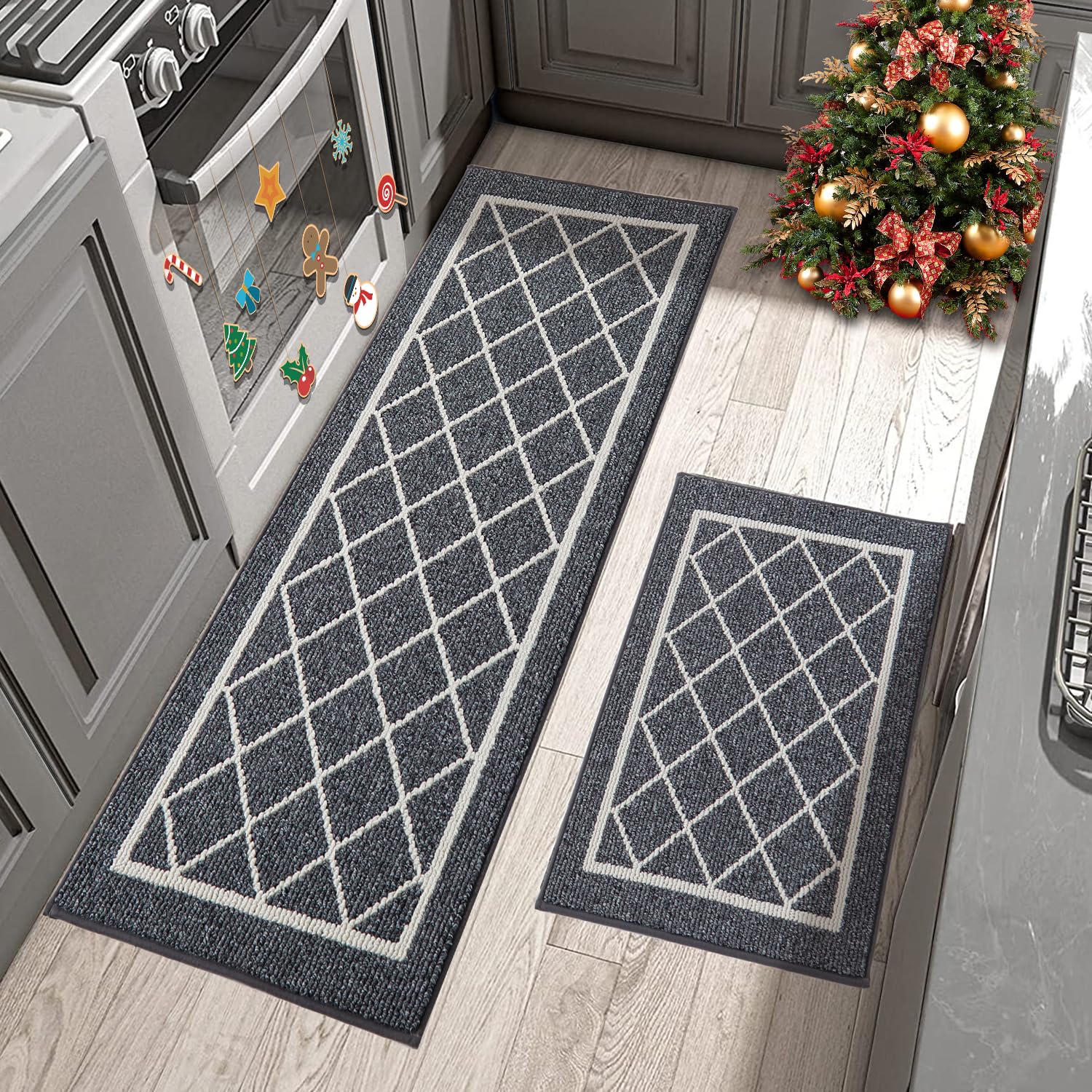 BEQHAUSE Non-Slip Kitchen Rugs - Machine Washable Floor Mats with TPR Backing, 2-Piece Grey Runner Set (24x35in & 24x60in) - Perfect for Kitchen, Dining Area, and Entryway