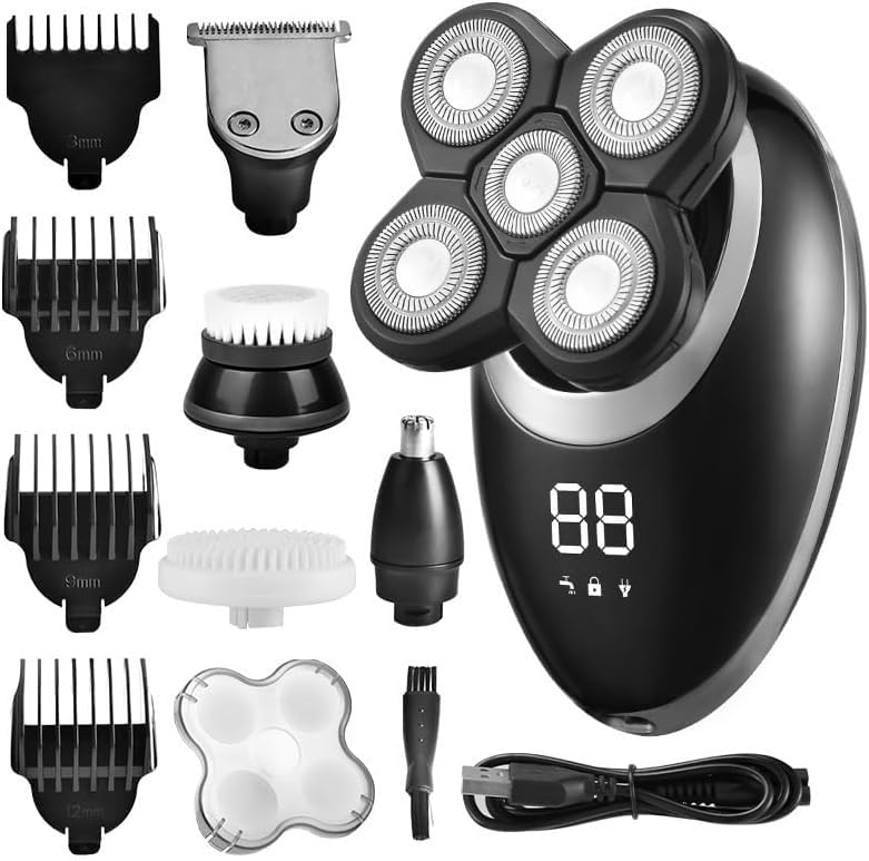 5-in-1 Electric Shaver for Men - 5D Floating Head Beard Trimmer & Nose Hair Clipper with LCD Display | Wet/Dry Cordless Shaving for Travel & Daily Grooming