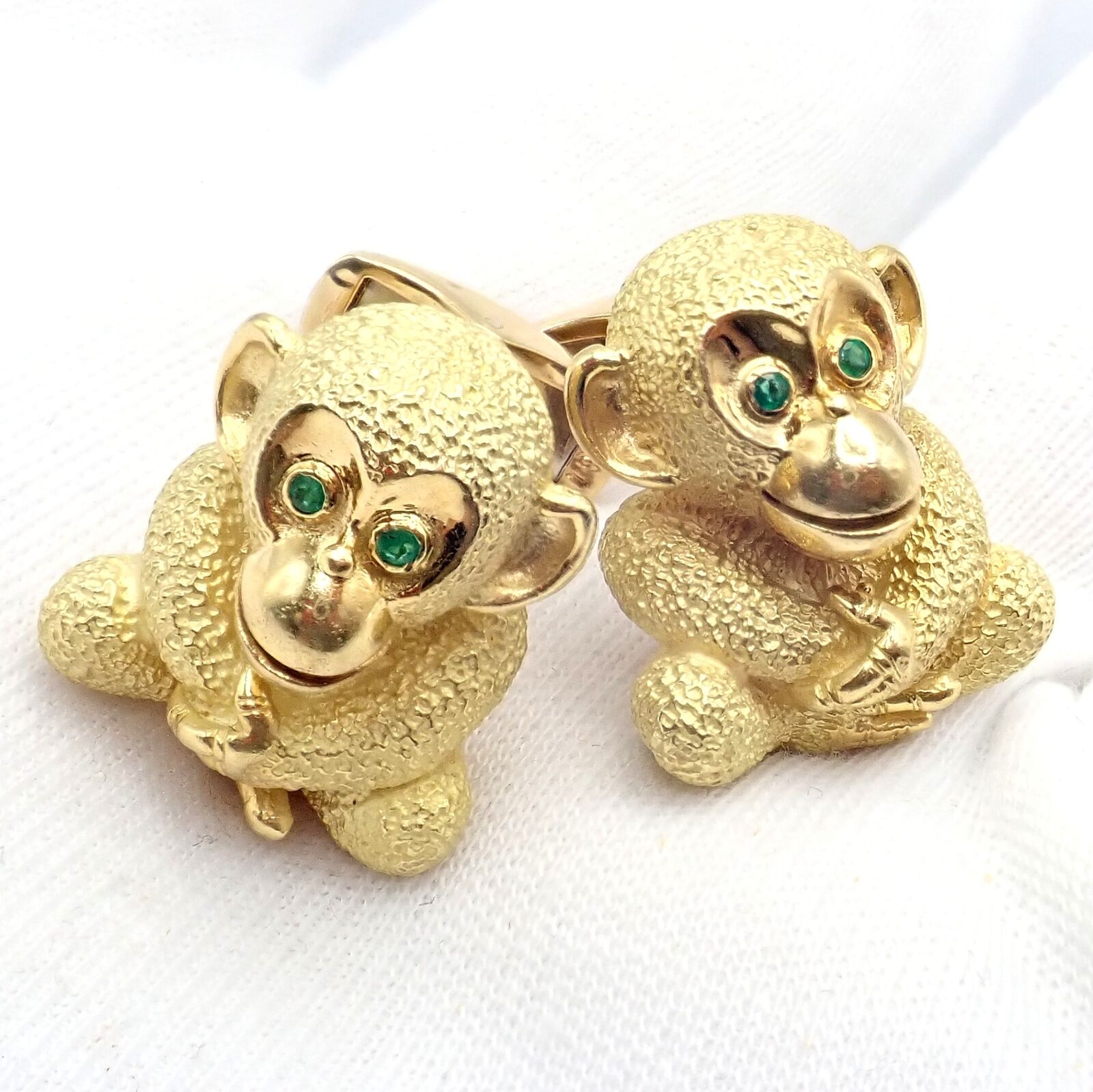 Authentic 18k Yellow Gold Emerald Whimsical Monkey Cufflinks by Kurt Wayne - Perfect for Weddings, Formal Events & Gift Giving