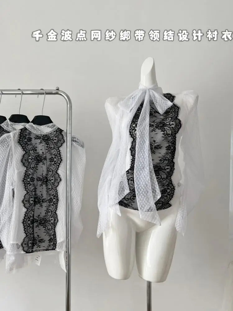 Vintage French Black & White Polka Dot Patchwork Lace-Up Blouse with Bow Detail - Long Sleeve Zipper Top for Women | Autumn Fashion, Retro Style, Office Wear & Date Night Outfits