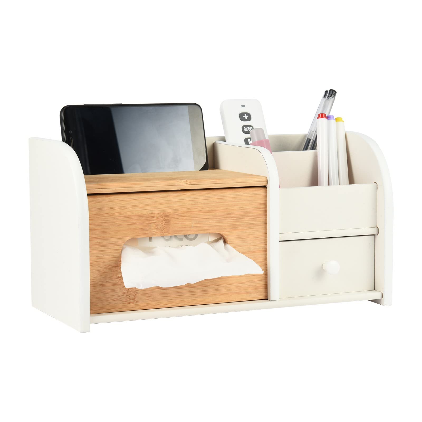 Wooden Desktop Makeup Organizer with Tissue Box & Phone Holder - Multi-Purpose Storage for Cosmetics, Skincare & Toiletries - Perfect for Home Office, Vanity & Bathroom Organization (White)