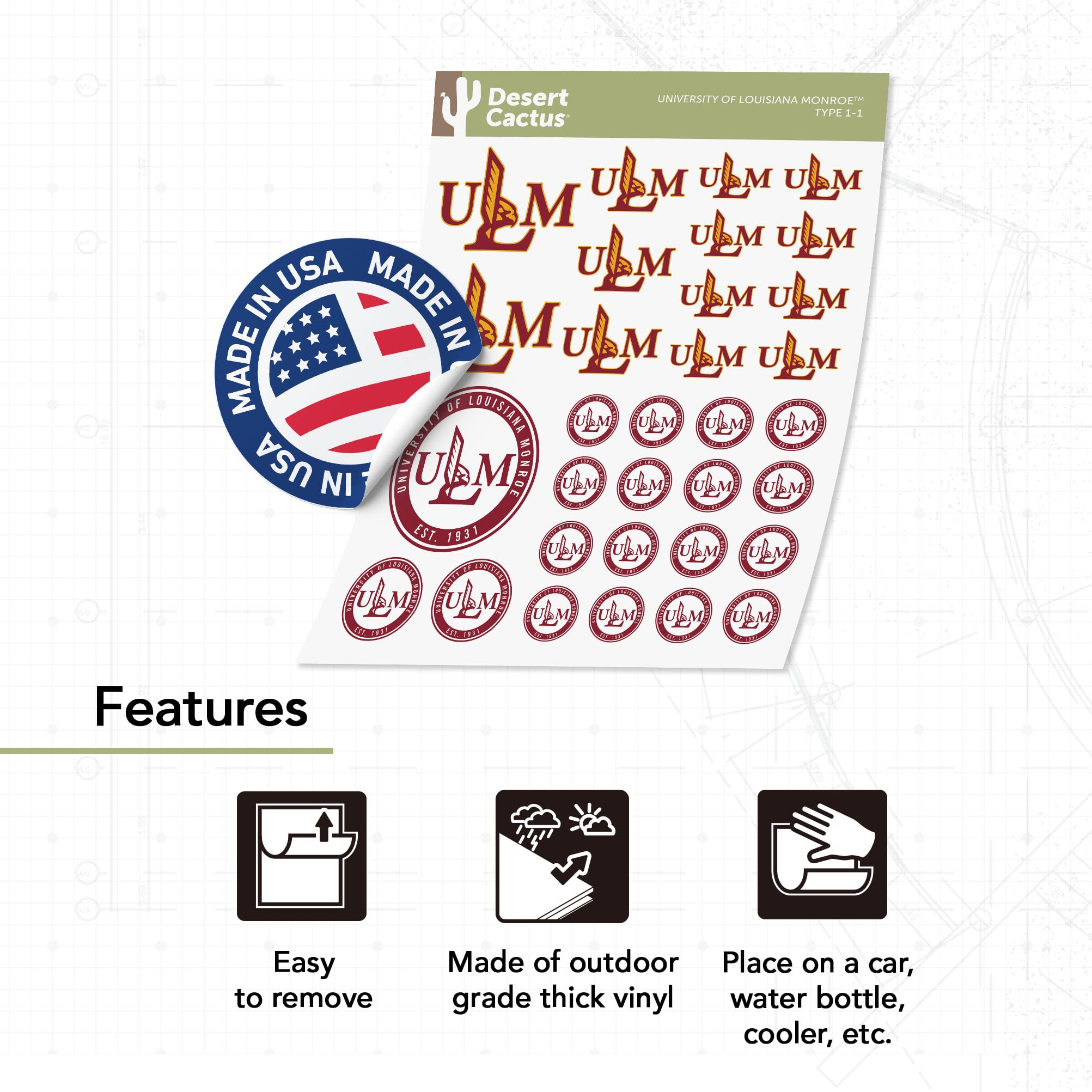 ULM Warhawks Vinyl Decals - Desert Cactus University of Louisiana Monroe Stickers for Laptop, Water Bottle, Car & Scrapbook - Durable Waterproof Decal - Perfect for College Fans, School Spirit & DIY Projects