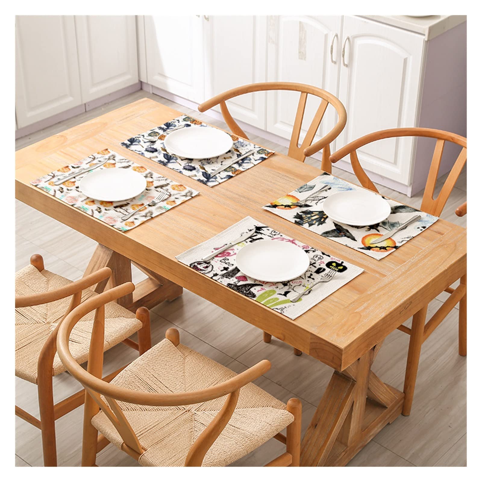 Halloween Cotton Linen Placemats Set of 6 - Pumpkin Spider Black Cat Design, Heat Resistant & Washable Kitchen Table Mats for Halloween Party Dining, Home Decor, Thanksgiving Dinner
